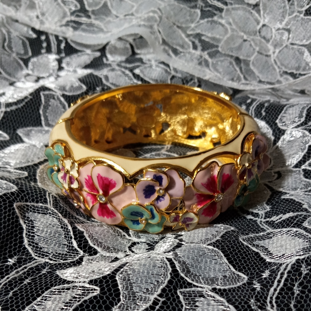 Joan Rivers Enamel Pansy Goldtone Cuff Bracelet
